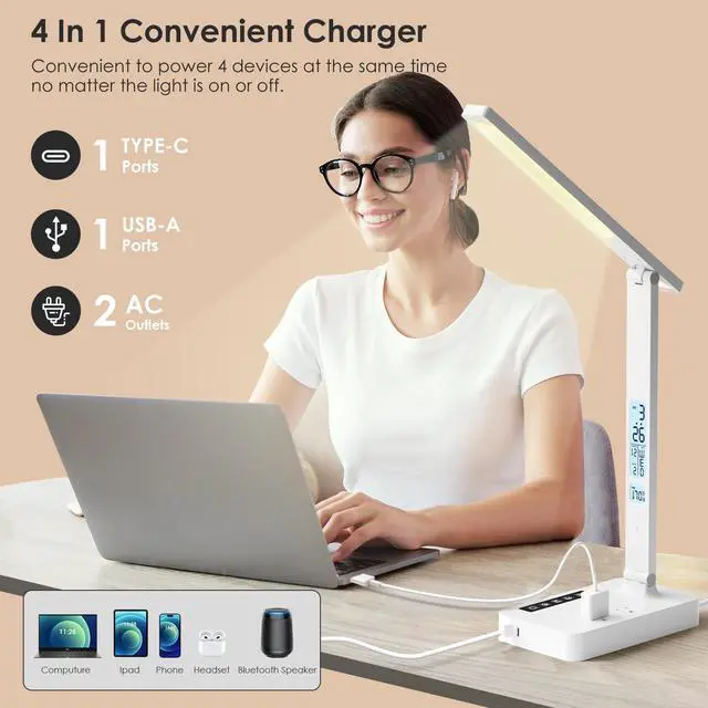 Alt view image 2 of 7 - Desk Lamp with USB Charging Port: LED Desk Lamps for Home Office - 1 Type-C, 1 USB-A Charging Port, 2 AC Power Outlets - Touch Control Dimmable 5 Color 5 Brightness