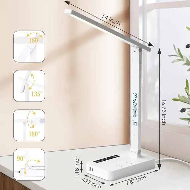 Alt view image 7 of 7 - Desk Lamp with USB Charging Port: LED Desk Lamps for Home Office - 1 Type-C, 1 USB-A Charging Port, 2 AC Power Outlets - Touch Control Dimmable 5 Color 5 Brightness
