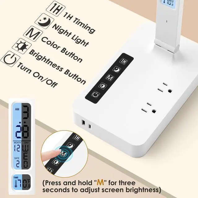 Alt view image 3 of 7 - Desk Lamp with USB Charging Port: LED Desk Lamps for Home Office - 1 Type-C, 1 USB-A Charging Port, 2 AC Power Outlets - Touch Control Dimmable 5 Color 5 Brightness