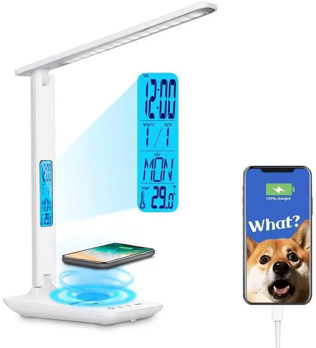 Main image of Multifunctional LED Desk Lamp with Wireless Charger,USB Charging Port,Clock,Phone Holder,Desk Lamps for Home Office,Eye-Caring Reading Lamp,Study Lamp for Boys,Girls,Teens,White