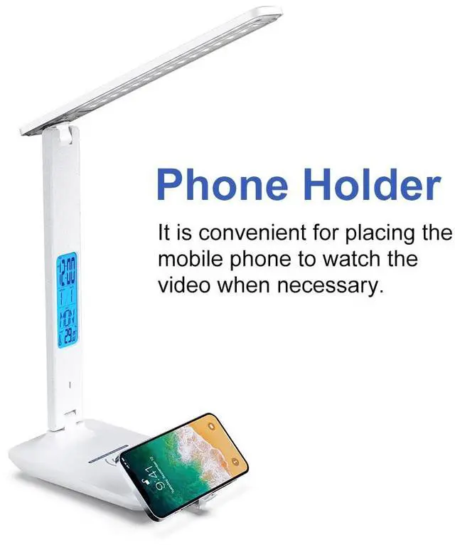 Alt view image 4 of 7 - Multifunctional LED Desk Lamp with Wireless Charger,USB Charging Port,Clock,Phone Holder,Desk Lamps for Home Office,Eye-Caring Reading Lamp,Study Lamp for Boys,Girls,Teens,White