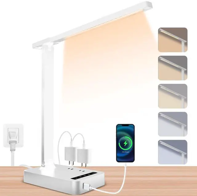 Main image of Smart Desk Lamp with 4-in-1 Charging Station (2 AC outlets, Type-C, USB-A Ports), 5 Color temperatures and 5 Brightness Levels, Adjustable gooseneck arm, Eye-Friendly Lighting for desks, bedrooms