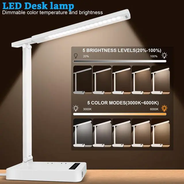 Alt view image 2 of 7 - Smart Desk Lamp with 4-in-1 Charging Station (2 AC outlets, Type-C, USB-A Ports), 5 Color temperatures and 5 Brightness Levels, Adjustable gooseneck arm, Eye-Friendly Lighting for desks, bedrooms
