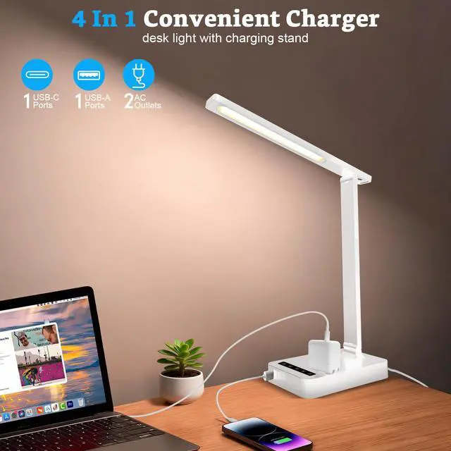 Alt view image 4 of 7 - Smart Desk Lamp with 4-in-1 Charging Station (2 AC outlets, Type-C, USB-A Ports), 5 Color temperatures and 5 Brightness Levels, Adjustable gooseneck arm, Eye-Friendly Lighting for desks, bedrooms