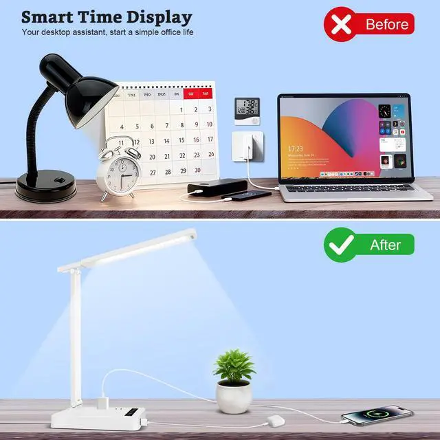 Alt view image 3 of 7 - Smart Desk Lamp with 4-in-1 Charging Station (2 AC outlets, Type-C, USB-A Ports), 5 Color temperatures and 5 Brightness Levels, Adjustable gooseneck arm, Eye-Friendly Lighting for desks, bedrooms