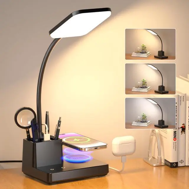 Main image of Desk Lamp, Table Lamp with Wireless Charger & USB Port, 800LM CRI95 3 Color Modes Dimmable Touch Flexible Arm Pen Holder, LED Desk Lamps for Home Office, College Dorm Room, Adapter Included
