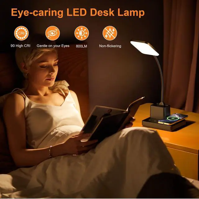 Alt view image 2 of 7 - Desk Lamp, Table Lamp with Wireless Charger & USB Port, 800LM CRI95 3 Color Modes Dimmable Touch Flexible Arm Pen Holder, LED Desk Lamps for Home Office, College Dorm Room, Adapter Included