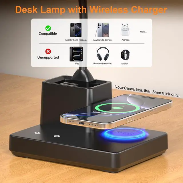 Alt view image 3 of 7 - Desk Lamp, Table Lamp with Wireless Charger & USB Port, 800LM CRI95 3 Color Modes Dimmable Touch Flexible Arm Pen Holder, LED Desk Lamps for Home Office, College Dorm Room, Adapter Included