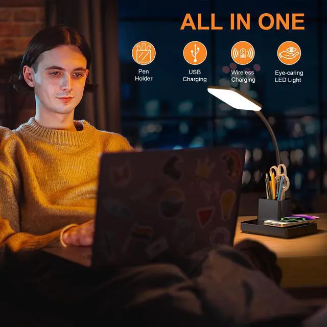 Alt view image 4 of 7 - Desk Lamp, Table Lamp with Wireless Charger & USB Port, 800LM CRI95 3 Color Modes Dimmable Touch Flexible Arm Pen Holder, LED Desk Lamps for Home Office, College Dorm Room, Adapter Included