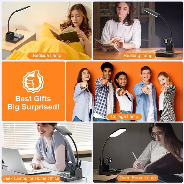 Alt view image 7 of 7 - Desk Lamp, Table Lamp with Wireless Charger & USB Port, 800LM CRI95 3 Color Modes Dimmable Touch Flexible Arm Pen Holder, LED Desk Lamps for Home Office, College Dorm Room, Adapter Included
