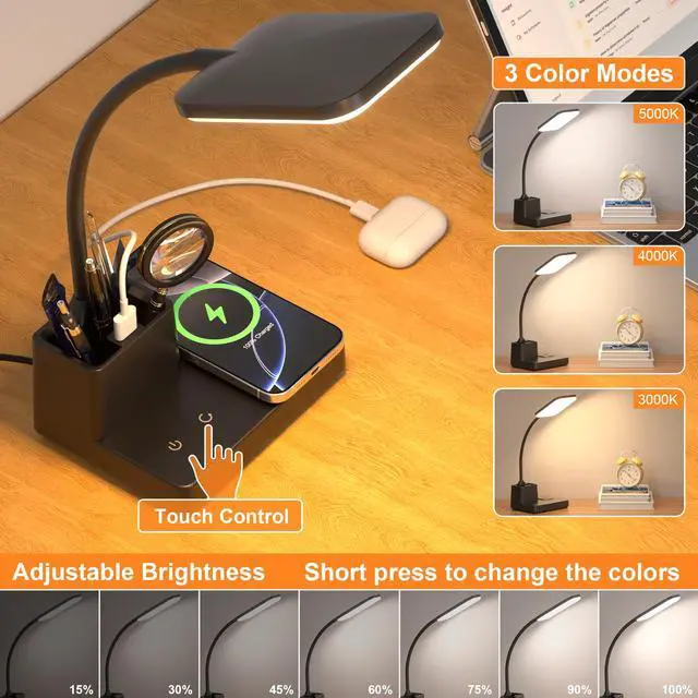 Alt view image 5 of 7 - Desk Lamp, Table Lamp with Wireless Charger & USB Port, 800LM CRI95 3 Color Modes Dimmable Touch Flexible Arm Pen Holder, LED Desk Lamps for Home Office, College Dorm Room, Adapter Included