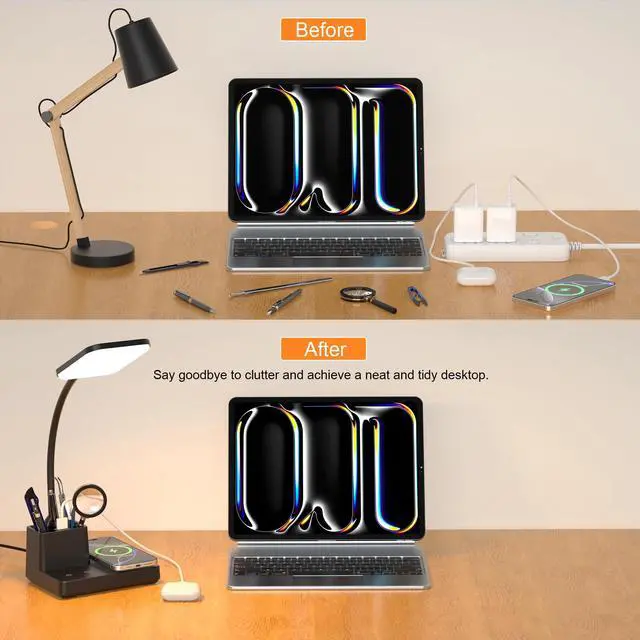 Alt view image 6 of 7 - Desk Lamp, Table Lamp with Wireless Charger & USB Port, 800LM CRI95 3 Color Modes Dimmable Touch Flexible Arm Pen Holder, LED Desk Lamps for Home Office, College Dorm Room, Adapter Included