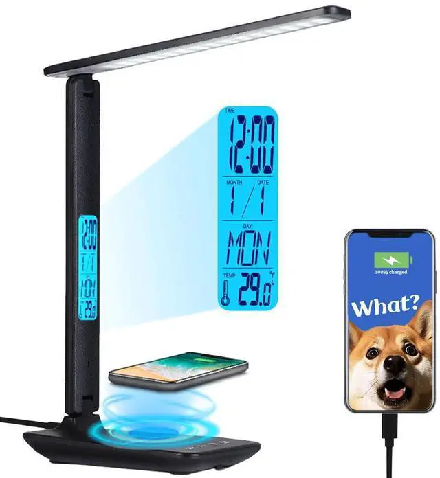 Main image of Multifunctional LED Desk Lamp with Wireless Charger,USB Charging Port,Clock,Phone Holder,Desk Lamps for Home Office,Eye-Caring Reading Lamp,Study Lamp for Boys,Girls,Teens,Black