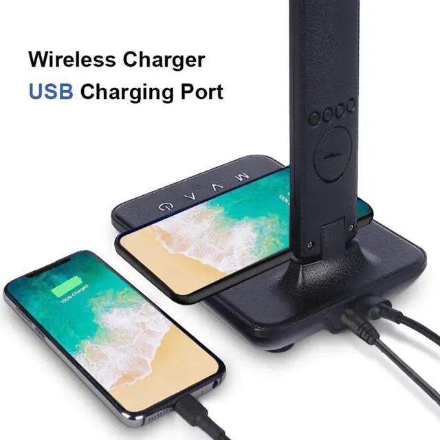 Alt view image 2 of 7 - Multifunctional LED Desk Lamp with Wireless Charger,USB Charging Port,Clock,Phone Holder,Desk Lamps for Home Office,Eye-Caring Reading Lamp,Study Lamp for Boys,Girls,Teens,Black