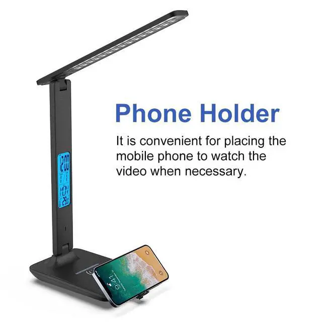 Alt view image 4 of 7 - Multifunctional LED Desk Lamp with Wireless Charger,USB Charging Port,Clock,Phone Holder,Desk Lamps for Home Office,Eye-Caring Reading Lamp,Study Lamp for Boys,Girls,Teens,Black