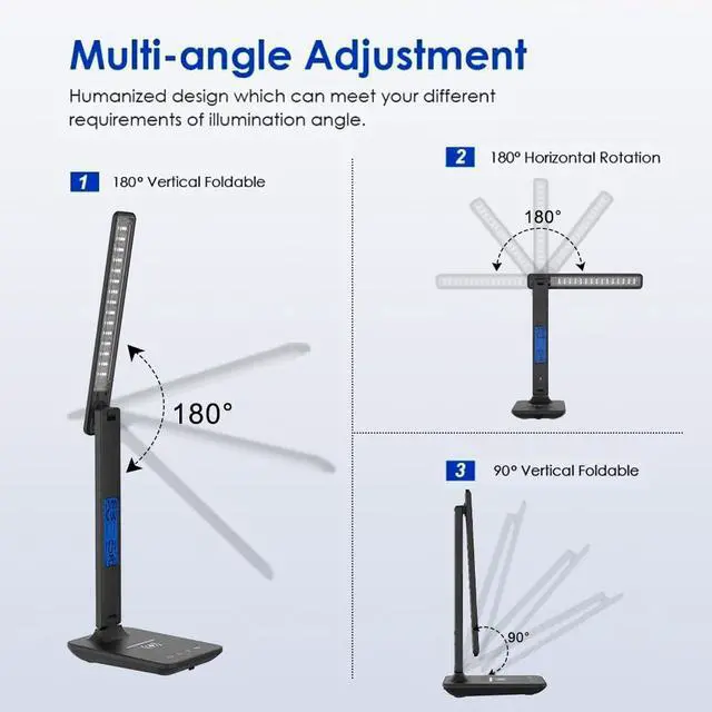 Alt view image 7 of 7 - Multifunctional LED Desk Lamp with Wireless Charger,USB Charging Port,Clock,Phone Holder,Desk Lamps for Home Office,Eye-Caring Reading Lamp,Study Lamp for Boys,Girls,Teens,Black