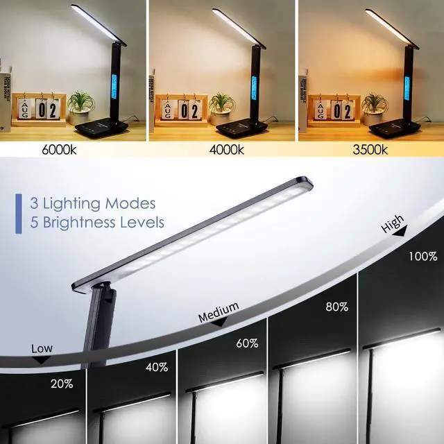 Alt view image 5 of 7 - Multifunctional LED Desk Lamp with Wireless Charger,USB Charging Port,Clock,Phone Holder,Desk Lamps for Home Office,Eye-Caring Reading Lamp,Study Lamp for Boys,Girls,Teens,Black