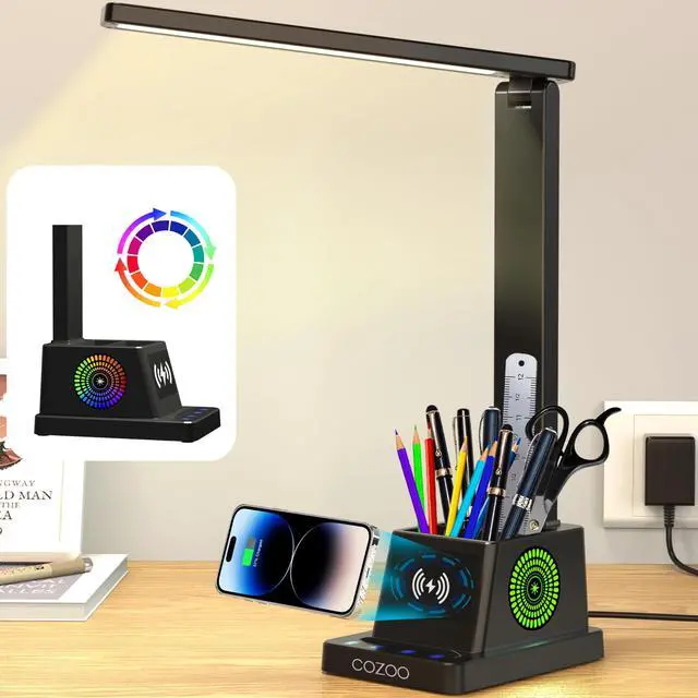 Main image of Desk Lamp,LED Desk Lamps for Home Office,Wireless Charger Small Desk Lamp with Pen Holder,Color Changing Nightlight,12 Lighting Modes,Desk Lamp for College Dorm Room,Desk Light,Nail Desk Lamp