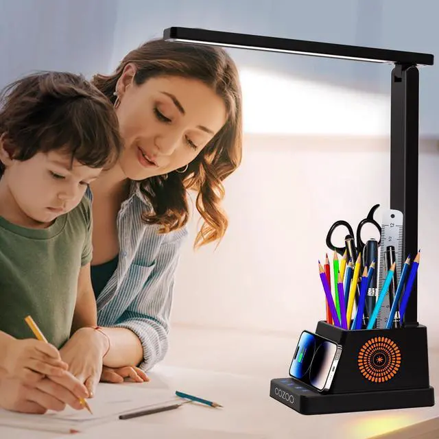 Alt view image 7 of 7 - Desk Lamp,LED Desk Lamps for Home Office,Wireless Charger Small Desk Lamp with Pen Holder,Color Changing Nightlight,12 Lighting Modes,Desk Lamp for College Dorm Room,Desk Light,Nail Desk Lamp
