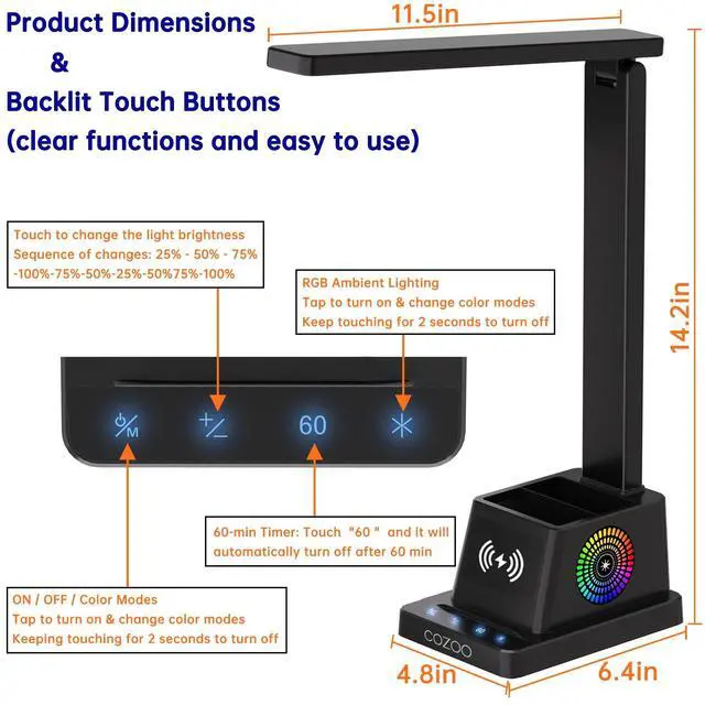 Alt view image 6 of 7 - Desk Lamp,LED Desk Lamps for Home Office,Wireless Charger Small Desk Lamp with Pen Holder,Color Changing Nightlight,12 Lighting Modes,Desk Lamp for College Dorm Room,Desk Light,Nail Desk Lamp