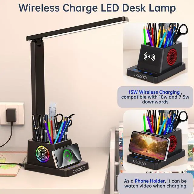 Alt view image 2 of 7 - Desk Lamp,LED Desk Lamps for Home Office,Wireless Charger Small Desk Lamp with Pen Holder,Color Changing Nightlight,12 Lighting Modes,Desk Lamp for College Dorm Room,Desk Light,Nail Desk Lamp