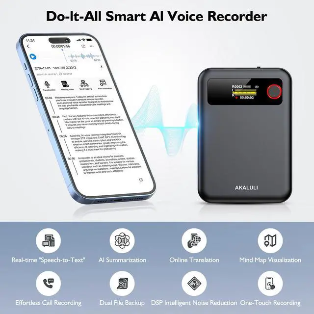 Alt view image 2 of 7 - AI Voice Recorder with Transcribe Summarize: Note Voice Recorder with APP Control, 30H Continuous Recording, 64GB Memory Support 100+ Languages, AI Recorder for Calls, Lectures, Meetings