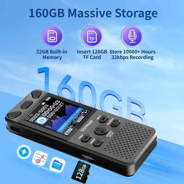 Alt view image 2 of 7 - 160GB Digital Voice Activated Recorder 110h Battery Time, 2.15" Color Screen Audio Recorder Dictaphone with External Mic, Vormooi USB-C Tape Recorder with Playback for Class Lecture Meeting