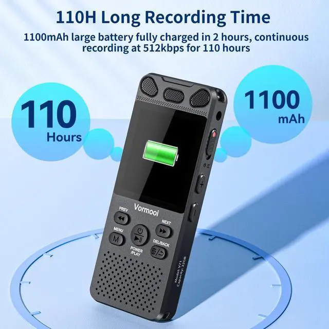 Alt view image 3 of 7 - 160GB Digital Voice Activated Recorder 110h Battery Time, 2.15" Color Screen Audio Recorder Dictaphone with External Mic, Vormooi USB-C Tape Recorder with Playback for Class Lecture Meeting