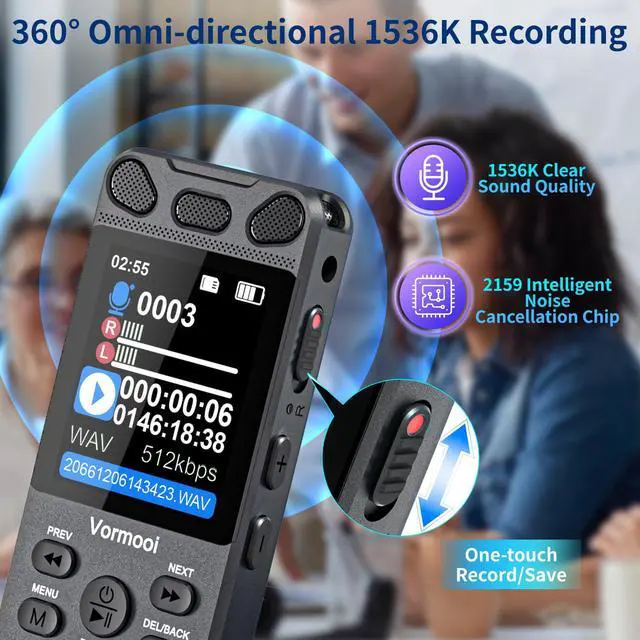 Alt view image 4 of 7 - 160GB Digital Voice Activated Recorder 110h Battery Time, 2.15" Color Screen Audio Recorder Dictaphone with External Mic, Vormooi USB-C Tape Recorder with Playback for Class Lecture Meeting