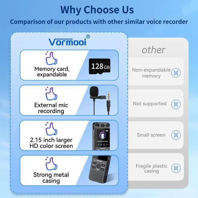 Alt view image 5 of 7 - 160GB Digital Voice Activated Recorder 110h Battery Time, 2.15" Color Screen Audio Recorder Dictaphone with External Mic, Vormooi USB-C Tape Recorder with Playback for Class Lecture Meeting