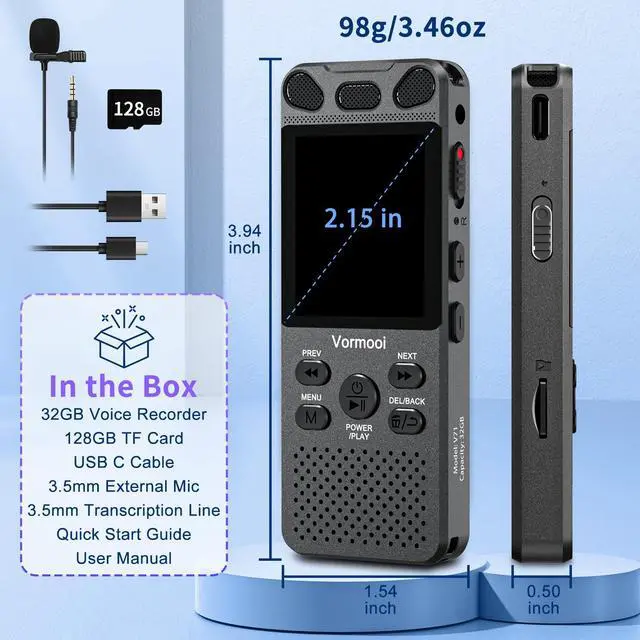 Alt view image 7 of 7 - 160GB Digital Voice Activated Recorder 110h Battery Time, 2.15" Color Screen Audio Recorder Dictaphone with External Mic, Vormooi USB-C Tape Recorder with Playback for Class Lecture Meeting