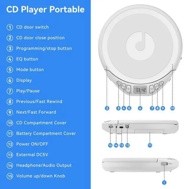 Alt view image 6 of 6 - Portable CD Player with Earphones,CD Discman for Car Home with Anti-Skip Shockproof Protection,Personal CD Music Player with LCD Display Support PROG Memory Function