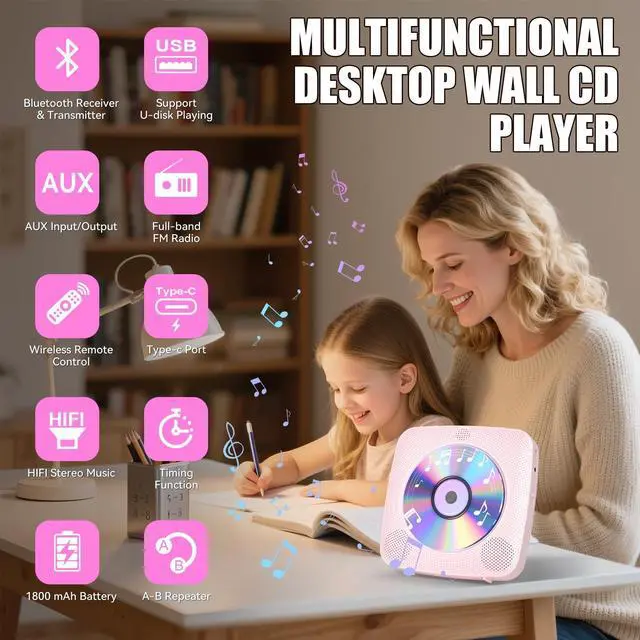 Alt view image 2 of 7 - CD Player Portable with Bluetooth Wall Mountable, 1800mAh Rechargeable Battery Operated CD Music Players for Home Desk Built-in HiFi Speaker LCD Screen Display FM Radio Supports USB AUX Jack