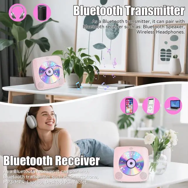 Alt view image 3 of 7 - CD Player Portable with Bluetooth Wall Mountable, 1800mAh Rechargeable Battery Operated CD Music Players for Home Desk Built-in HiFi Speaker LCD Screen Display FM Radio Supports USB AUX Jack