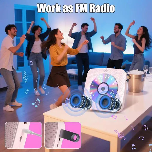 Alt view image 7 of 7 - CD Player Portable with Bluetooth Wall Mountable, 1800mAh Rechargeable Battery Operated CD Music Players for Home Desk Built-in HiFi Speaker LCD Screen Display FM Radio Supports USB AUX Jack