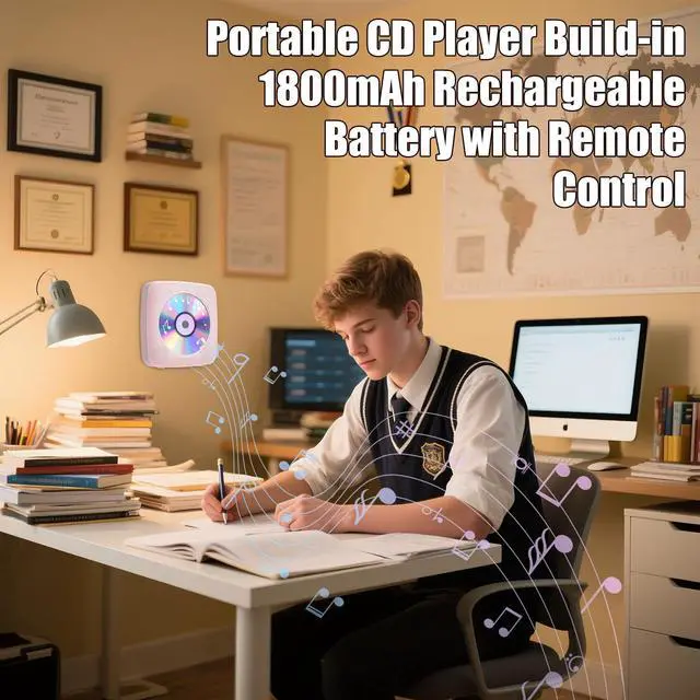 Alt view image 5 of 7 - CD Player Portable with Bluetooth Wall Mountable, 1800mAh Rechargeable Battery Operated CD Music Players for Home Desk Built-in HiFi Speaker LCD Screen Display FM Radio Supports USB AUX Jack