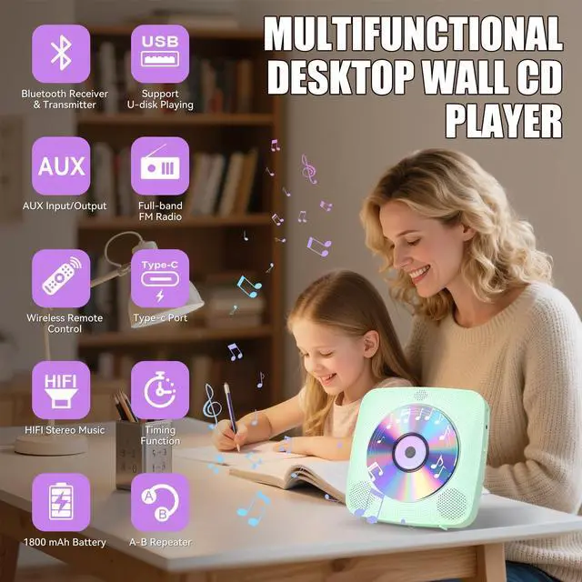Alt view image 2 of 7 - CD Player Portable with Bluetooth Wall Mountable, 1804mAh Rechargeable Battery Operated CD Music Players for Home Desk Built-in HiFi Speaker FM Radio,Gifts for Music Lovers