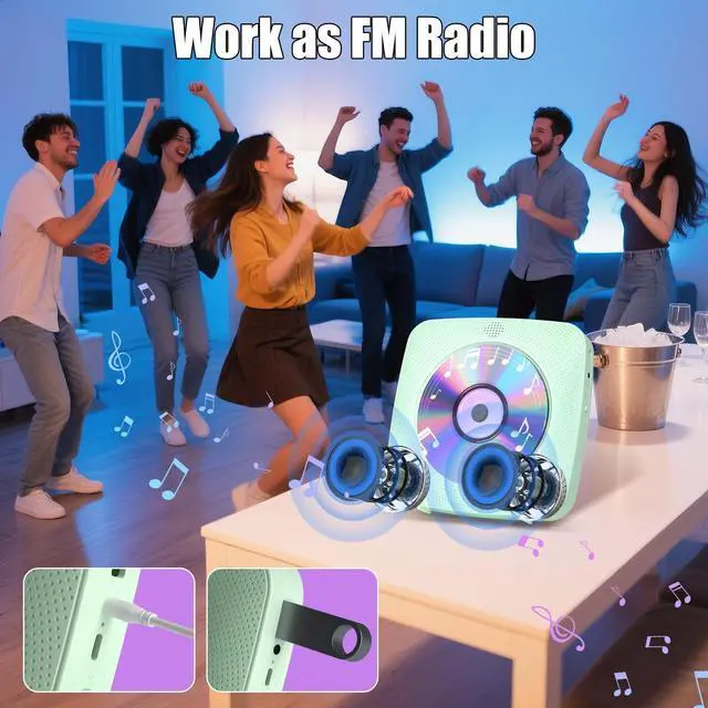 Alt view image 6 of 7 - CD Player Portable with Bluetooth Wall Mountable, 1804mAh Rechargeable Battery Operated CD Music Players for Home Desk Built-in HiFi Speaker FM Radio,Gifts for Music Lovers