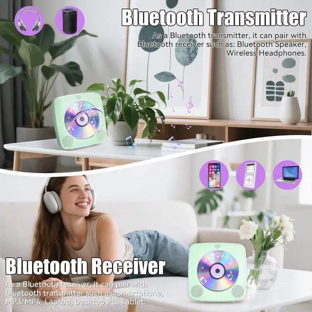 Alt view image 3 of 7 - CD Player Portable with Bluetooth Wall Mountable, 1804mAh Rechargeable Battery Operated CD Music Players for Home Desk Built-in HiFi Speaker FM Radio,Gifts for Music Lovers