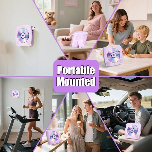 Alt view image 4 of 7 - CD Player Portable with Bluetooth Wall Mountable, 1802mAh Rechargeable Battery Operated CD Music Players for Home Desk Built-in HiFi Speaker FM Radio,Gifts for Music Lovers
