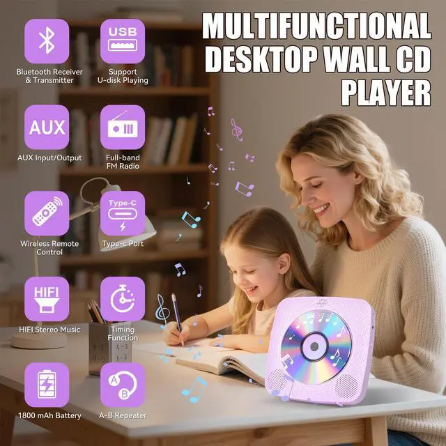 Alt view image 2 of 7 - CD Player Portable with Bluetooth Wall Mountable, 1802mAh Rechargeable Battery Operated CD Music Players for Home Desk Built-in HiFi Speaker FM Radio,Gifts for Music Lovers
