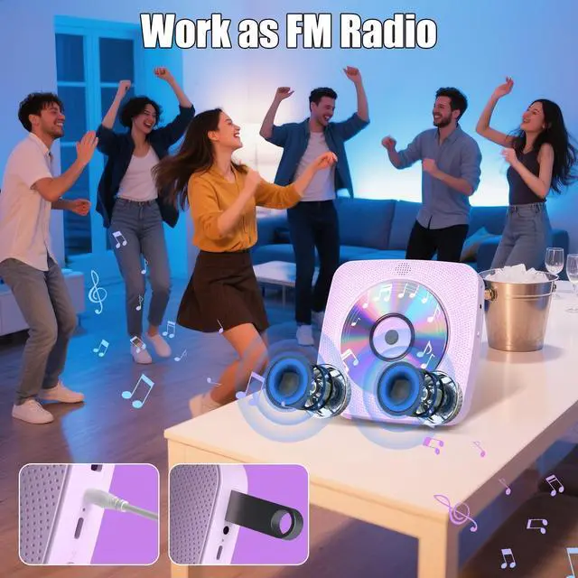 Alt view image 6 of 7 - CD Player Portable with Bluetooth Wall Mountable, 1802mAh Rechargeable Battery Operated CD Music Players for Home Desk Built-in HiFi Speaker FM Radio,Gifts for Music Lovers