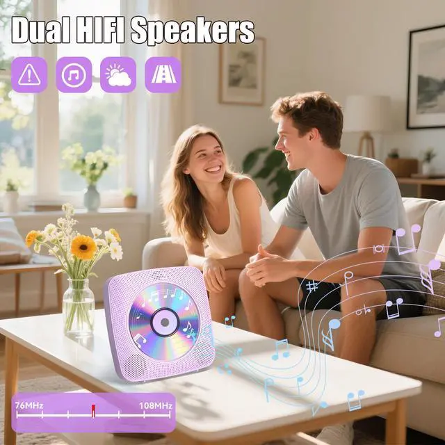 Alt view image 7 of 7 - CD Player Portable with Bluetooth Wall Mountable, 1802mAh Rechargeable Battery Operated CD Music Players for Home Desk Built-in HiFi Speaker FM Radio,Gifts for Music Lovers