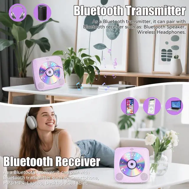 Alt view image 3 of 7 - CD Player Portable with Bluetooth Wall Mountable, 1802mAh Rechargeable Battery Operated CD Music Players for Home Desk Built-in HiFi Speaker FM Radio,Gifts for Music Lovers