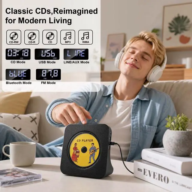 Alt view image 2 of 7 - CD Player Portable Bluetooth Desktop CD Player for Home with Timer Built-in HiFi Speakers with LCD Screen Display Boombox FM Radio USB Type-c (Black)