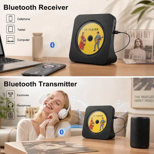 Alt view image 3 of 7 - CD Player Portable Bluetooth Desktop CD Player for Home with Timer Built-in HiFi Speakers with LCD Screen Display Boombox FM Radio USB Type-c (Black)