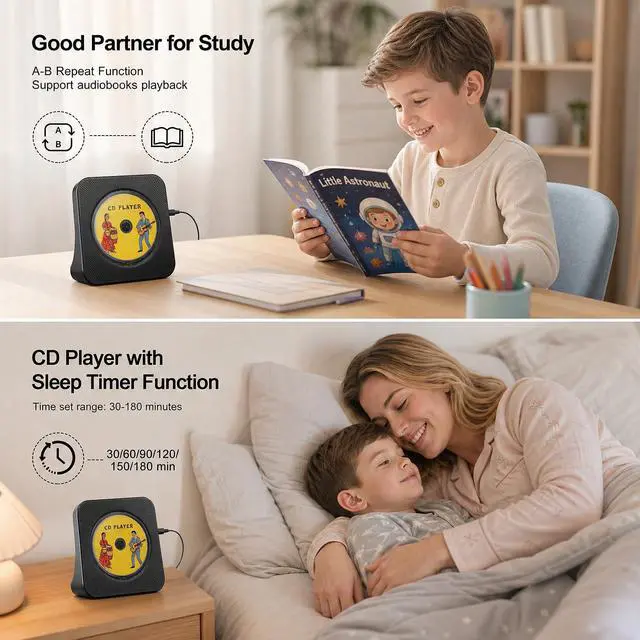 Alt view image 6 of 7 - CD Player Portable Bluetooth Desktop CD Player for Home with Timer Built-in HiFi Speakers with LCD Screen Display Boombox FM Radio USB Type-c (Black)