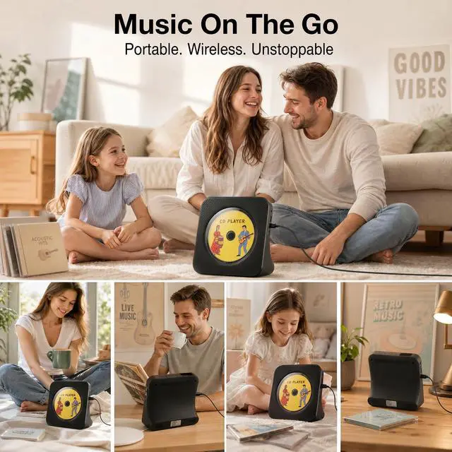 Alt view image 7 of 7 - CD Player Portable Bluetooth Desktop CD Player for Home with Timer Built-in HiFi Speakers with LCD Screen Display Boombox FM Radio USB Type-c (Black)