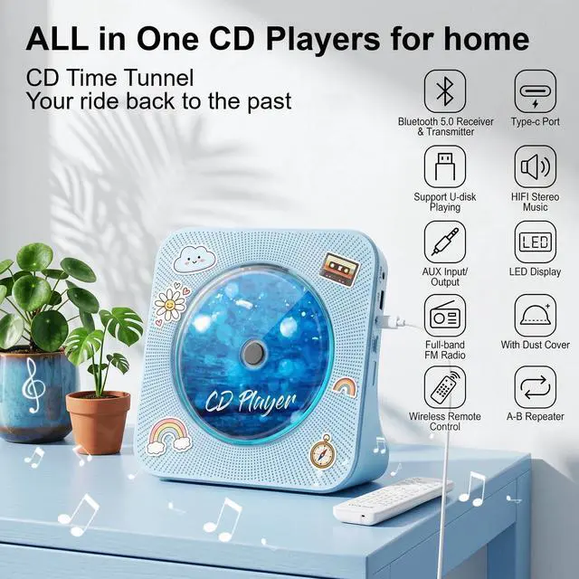 Alt view image 2 of 7 - CD Player Portable Bluetooth Desktop CD Player for Home with Timer Built-in HiFi Speakers with LCD Screen Display Boombox FM Radio USB Type-c (Blue)