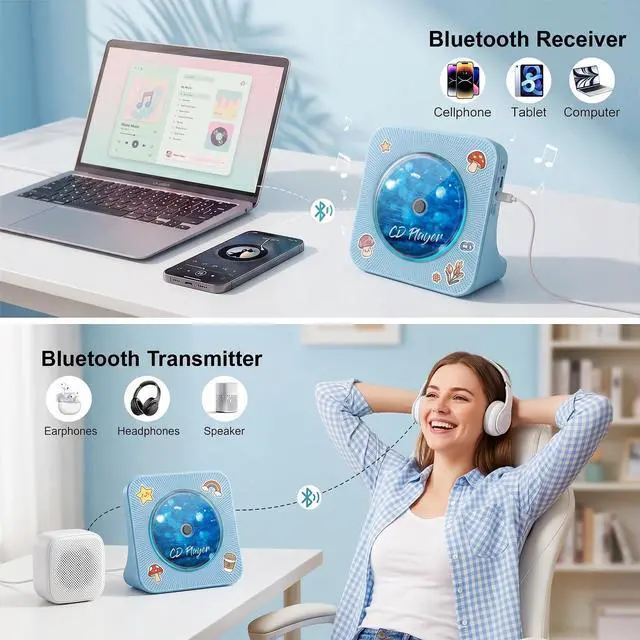 Alt view image 3 of 7 - CD Player Portable Bluetooth Desktop CD Player for Home with Timer Built-in HiFi Speakers with LCD Screen Display Boombox FM Radio USB Type-c (Blue)